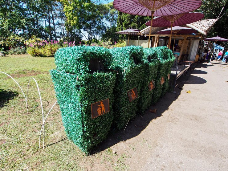 Bush-covered trash bins at an outdoor event for discreet waste collection.