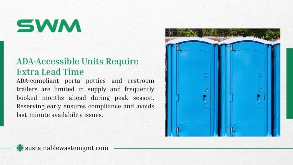 SWM infographic: last-minute porta potty bookings trigger rush delivery fees and limited choices, booking early locks pricing and secures proper servicing schedules